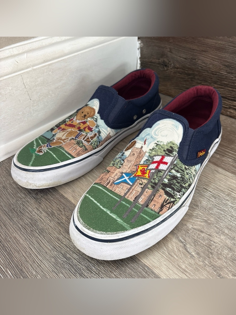 Polo Ralph Lauren Thompson Rugby Kicker Bear Flag Mens 9.5 Slip On Canvas Shoes